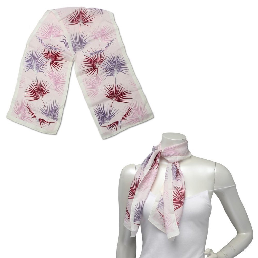 Vintage Fan Leaf Long Poly Scarf Lightweight Pink Purple White